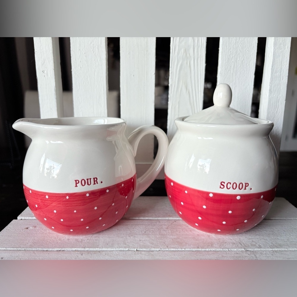 Rae Dunn White and Red Polka Dot Cream & Sugar Ceramic Set